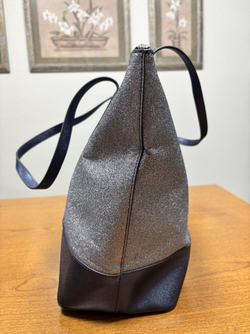 Kate Spade New York Glitter Tote Bag & Matching Cosmetic Pouch Gunmetal Large EU - Picture 3 of 9